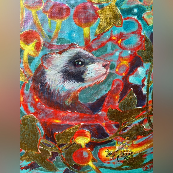 Ferret Mushroom Gold Accent Painting Original Art honeybee Artwork Artettina USA - Picture 6 of 11